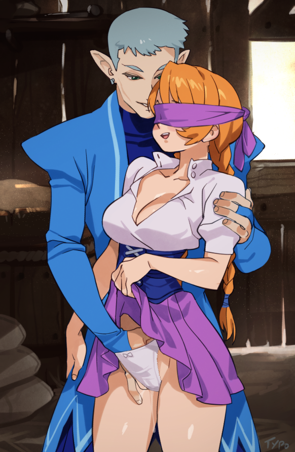1boy 1girl barn blindfold braid breasts bridal_gauntlets character_request cleavage commentary corset earrings elf english_commentary fingering grey_hair hand_in_panties height_difference hetero interspecies jewelry jota large_breasts long_braid optionaltypo orange_hair panties pointy_ears skirt skirt_lift twin_braids underwear viper viper_rsr