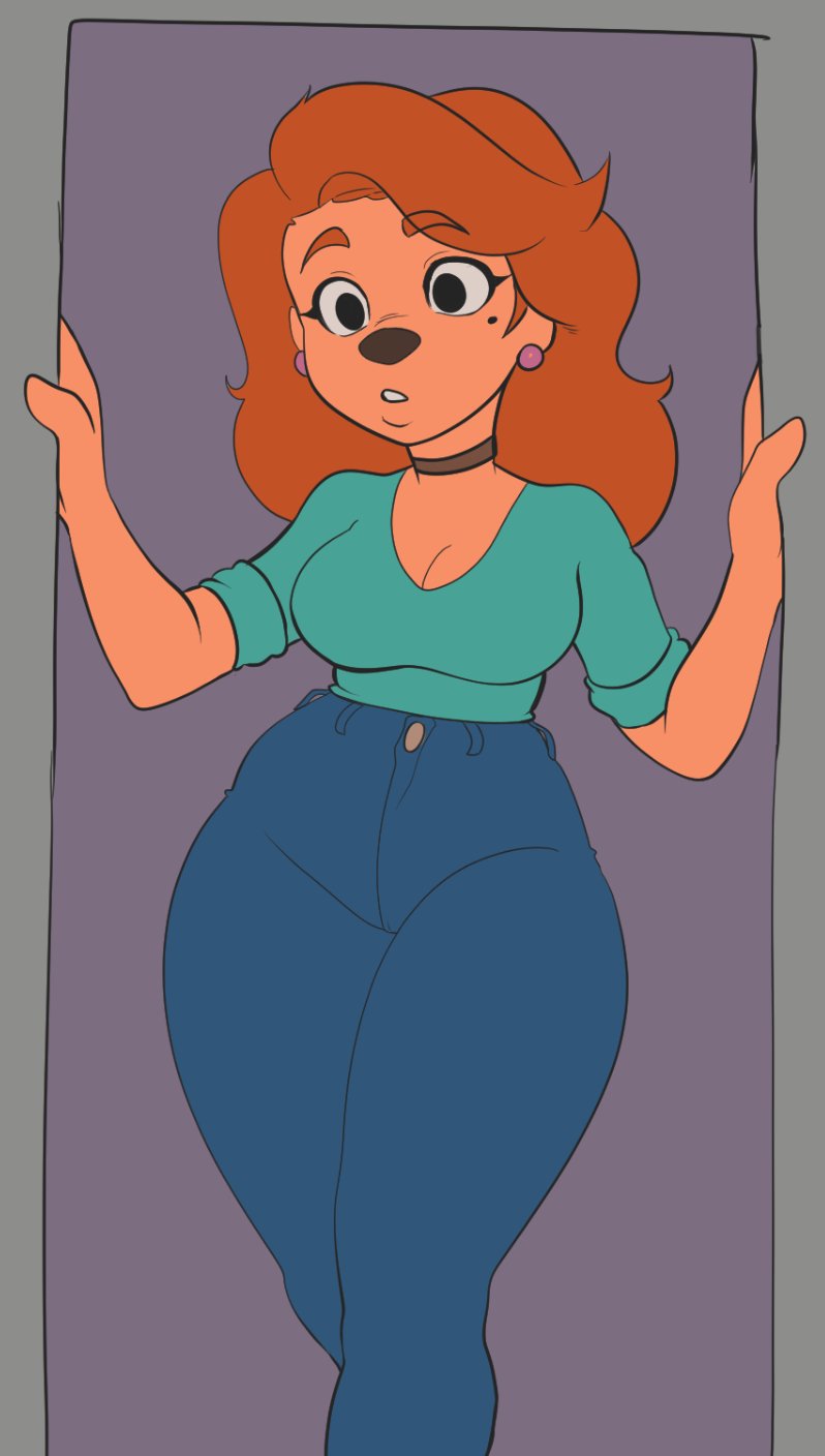 anthro beauty_mark bottomwear breasts canid canine canis choker cleavage clothed clothing disney domestic_dog doorway ear_piercing female goof_troop hair hi_res jeans jewelry mammal necklace pants piercing red_hair roxanne_(goof_troop) shykactus solo