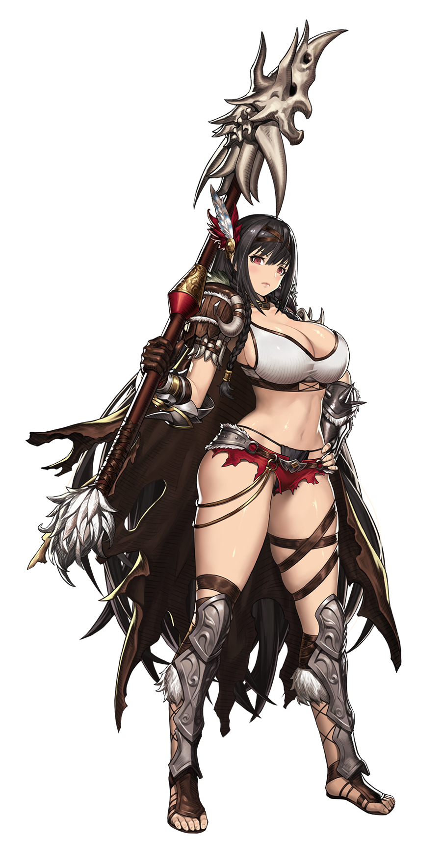 1girl barbara_(brown_dust) black_hair blush breasts brown_dust brown_gloves cleavage full_body gloves greaves highres javelin large_breasts long_hair looking_at_viewer micro_shorts midriff navel official_art red_eyes shorts single_glove solo thighs transparent_background very_long_hair