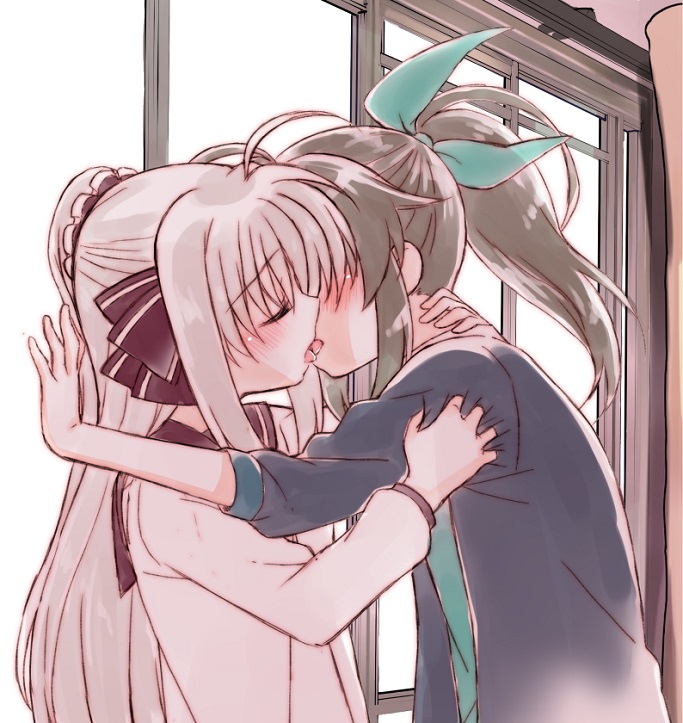 2girls blush brown_hair closed_eyes couple french_kiss fuuka_reventon green_ribbon hair_ribbon hand_on_another's_neck hug jacket kiss kohaku_(kohagura) long_hair lyrical_nanoha multiple_girls ponytail purple_ribbon ribbon rinne_berlinetta tongue vivid_strike! wall_slam white_hair window yuri