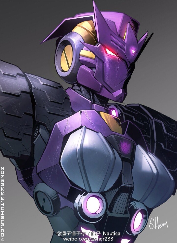 1girl artist_name dark_persona decepticon english_commentary fusion gradient gradient_background insignia looking_down mask nautica red_eyes solo tarn the_transformers_(idw) transformers tumblr_username weibo_id weibo_logo weibo_username zoner