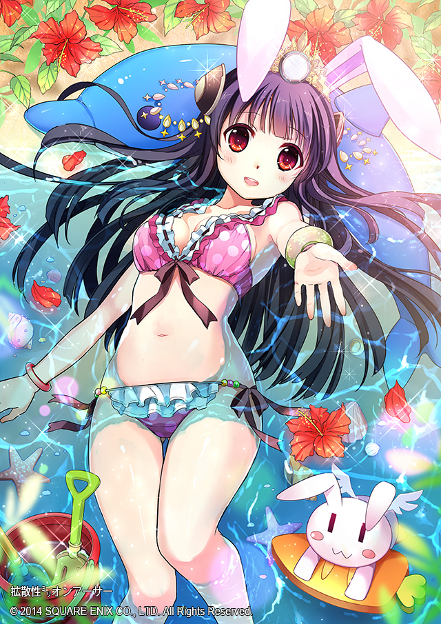 1girl animal_ears arm_up armpits ass_visible_through_thighs bikini black_hair bracelet breasts bunny_ears carrot character_request cleavage flower frilled_bikini frills hair_ornament inflatable_dolphin inflatable_toy jewelry kaku-san-sei_million_arthur long_hair lying million_arthur_(series) navel official_art on_back outstretched_arm partially_submerged pink_bikini polka_dot polka_dot_bikini red_eyes solo stuffed_animal stuffed_toy swimsuit thigh_gap thighs tin_(wsp85205) water