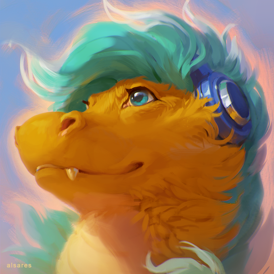 1:1 2020 alsareslynx blue_eyes digital_media_(artwork) dragon fur furred_dragon green_hair hair headshot_portrait orange_body orange_fur portrait smile