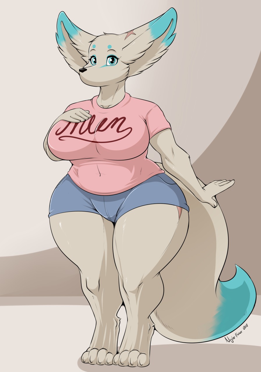 2018 anthro blue_bottomwear blue_clothing blue_ears blue_eyes blue_shorts bottomwear breasts canid canine clothed clothing curvy_figure digitigrade eyelashes eyeliner female fennec fox fur hand_on_breast hi_res hourglass_figure looking_at_viewer makeup mammal multicolored_ears multicolored_tail nieve_(dragonwingeddestroyer) nightfaux pink_clothing pink_shirt pink_topwear scar shirt shorts slightly_chubby solo standing thick_thighs topwear voluptuous white_body white_fur wide_hips