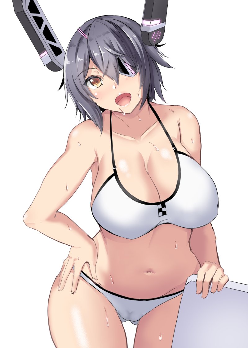 1girl ass_visible_through_thighs bikini breasts cleavage collarbone cowboy_shot eyepatch gin'ichi_(akacia) headgear huge_breasts kantai_collection kickboard looking_at_viewer navel purple_hair short_hair simple_background solo swimsuit tenryuu_(kantai_collection) wet white_background white_bikini yellow_eyes