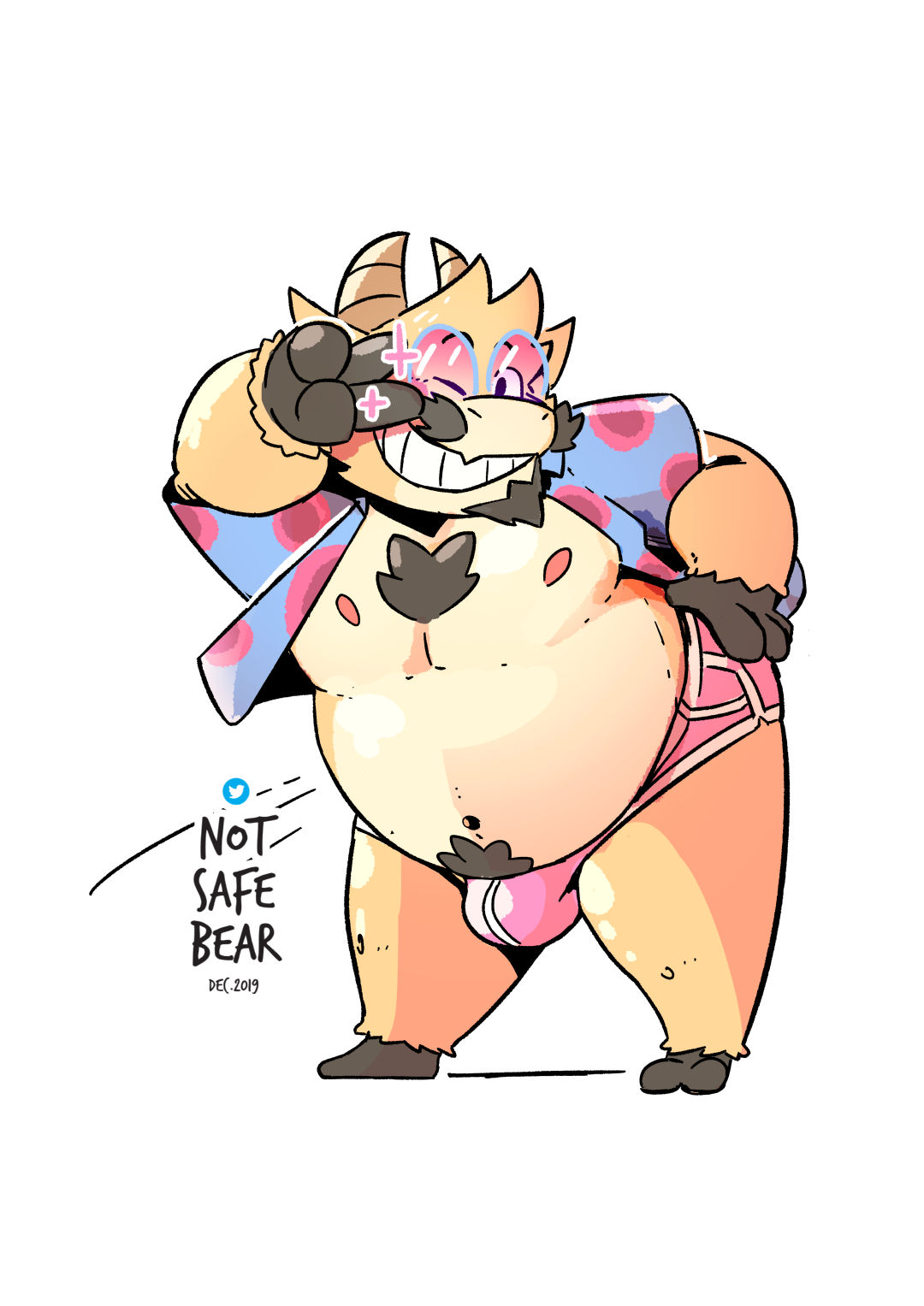 belly boke_(bokensfw) bovid bulge caprine chest_tuft clothed clothing eyewear gesture goat hi_res male mammal nipples notsafebear overweight overweight_male partially_clothed simple_background smile solo sunglasses tuft v_sign white_background