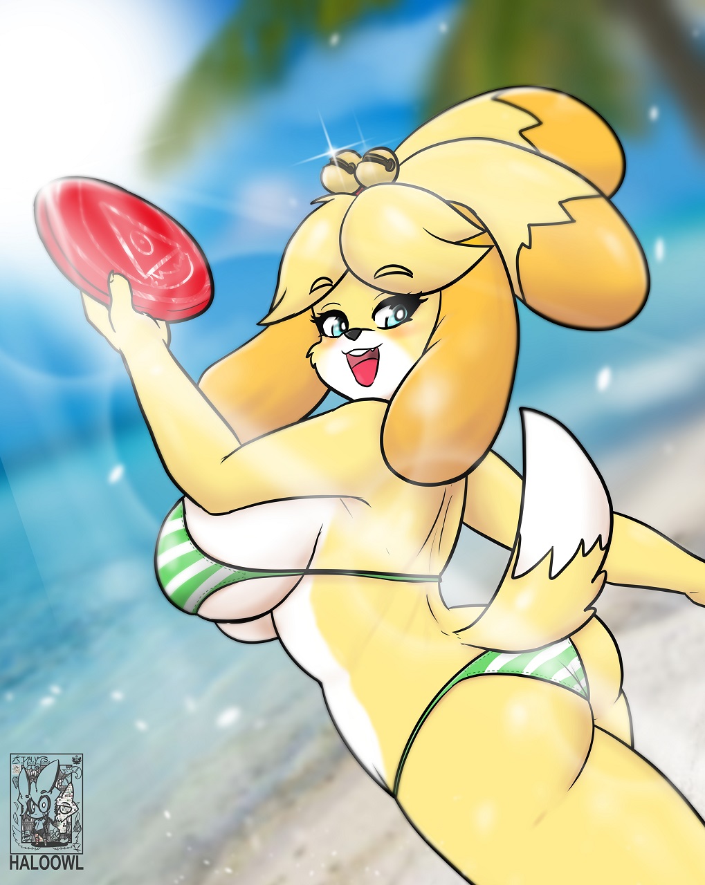 animal_crossing anthro beach big_breasts big_butt bikini blush breasts butt canid canine canis clothed clothing domestic_dog evergreen_tree female frisbee fur hair halotroll hi_res holding_object isabelle_(animal_crossing) looking_back mammal nintendo open_mouth outside palm_tree seaside shih_tzu solo swimwear teeth thick_thighs tongue toy_dog tree video_games wide_hips yellow_body yellow_fur