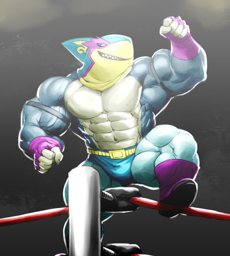 abs anthro asian_mythology biceps east_asian_mythology fighting_ring fish flexing japanese_mythology kuroma male marine muscular muscular_anthro muscular_male mythology ring shark solo the_shark_(character) video_games wrestling yo-kai_watch yōkai