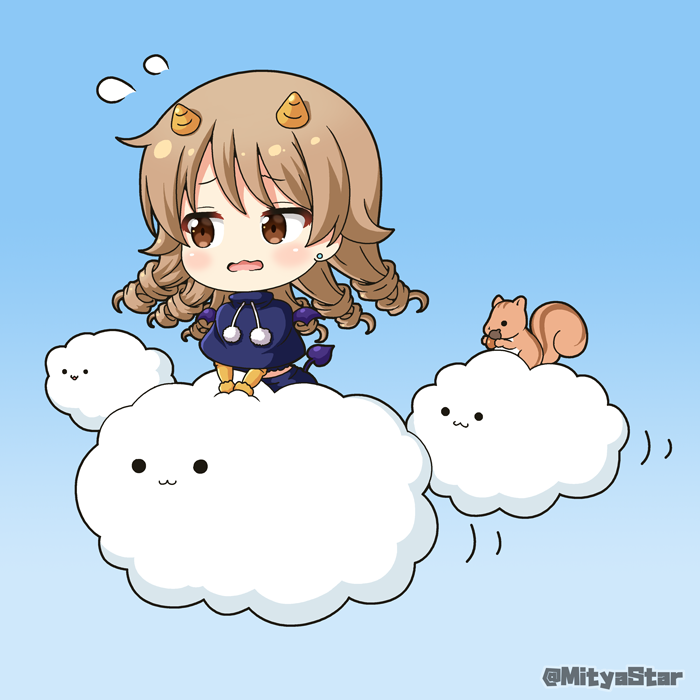 1girl :3 animal blue_background blue_capelet blush brown_eyes brown_hair capelet chibi closed_mouth cloud commentary_request demon_tail demon_wings earrings flying_sweatdrops gradient gradient_background horns idolmaster idolmaster_cinderella_girls jewelry long_hair miicha morikubo_nono parted_lips purple_wings ringlets solid_circle_eyes solo squirrel stud_earrings tail wavy_mouth wings