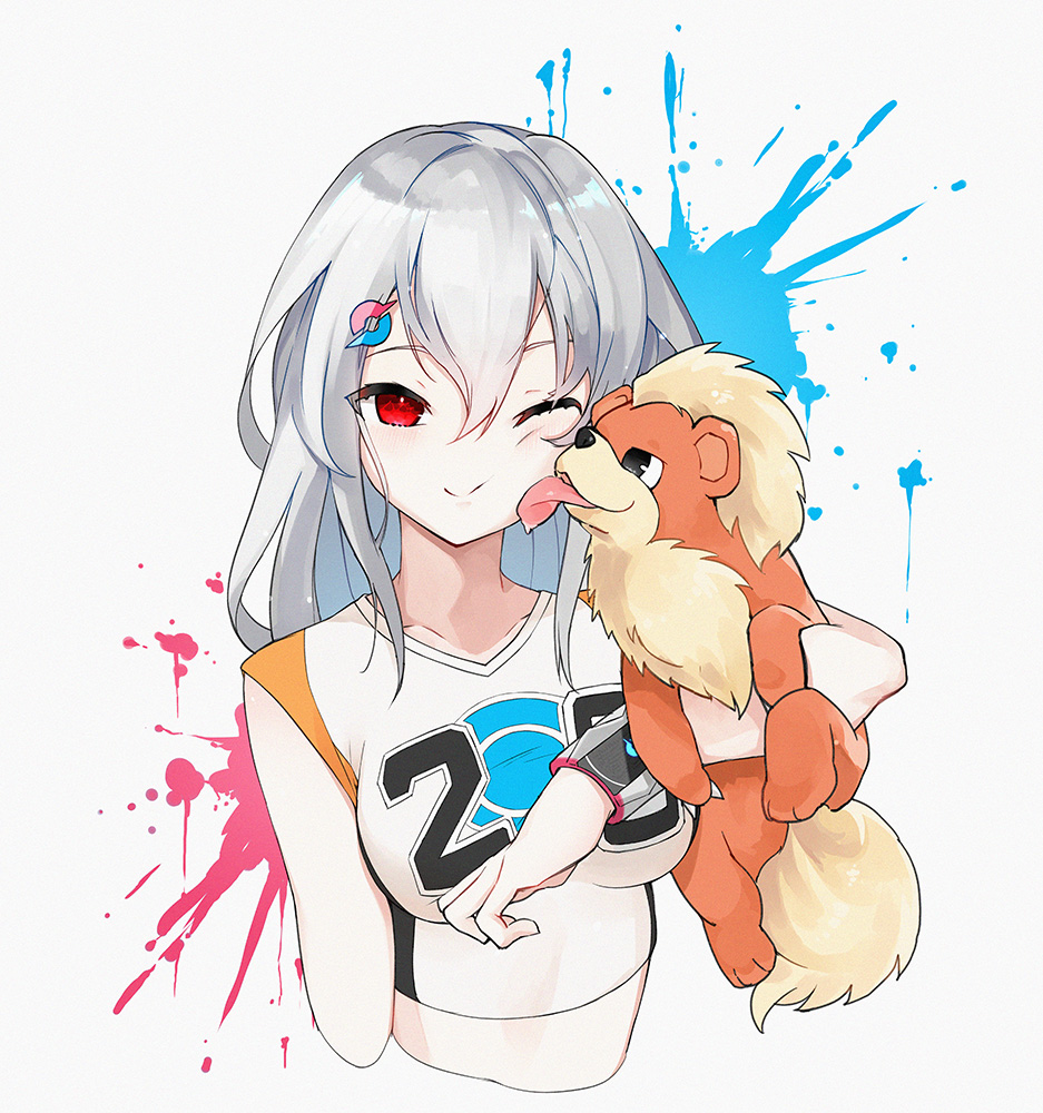 1girl arknights bangs bare_shoulders blush breasts cheek_licking cheerleader closed_mouth collarbone commentary_request cropped_torso dingding_tu eyebrows_visible_through_hair face_licking gen_1_pokemon gloves grey_hair growlithe hair_between_eyes hair_ornament hairclip holding holding_pokemon licking long_hair looking_at_viewer medium_breasts one_eye_closed pokemon pokemon_(creature) red_eyes shirt silver_hair skadi_(arknights) smile upper_body very_long_hair virtual_youtuber
