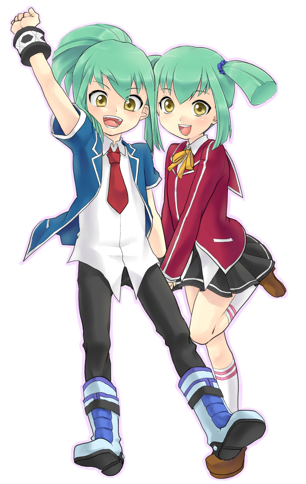 1boy 1girl :d arm_up bangs black_pants black_skirt blue_jacket brother_and_sister brown_footwear collared_shirt dress_shirt duel_academy_uniform_(yuu-gi-ou_5d's) eyebrows_visible_through_hair green_hair hair_between_eyes highres holding_hands jacket lua luca_(yuu-gi-ou) mechakucha miniskirt neck_ribbon necktie open_clothes open_jacket open_mouth pants pleated_skirt ponytail red_jacket red_neckwear red_sailor_collar ribbon sailor_collar shiny shiny_hair shirt siblings skirt smile standing standing_on_one_leg twins twintails white_legwear white_shirt wing_collar yellow_eyes yellow_ribbon yuu-gi-ou yuu-gi-ou_5d's