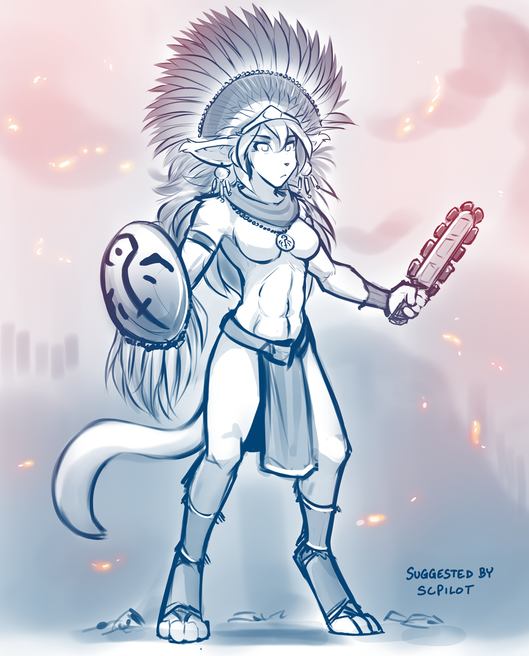 2020 abs anthro athletic athletic_anthro athletic_female basitin breasts clothed clothing conditional_dnp digitigrade ear_piercing featureless_breasts female headdress hi_res holding_object holding_weapon jewelry king_adelaide loincloth macuahuitl mammal monochrome necklace piercing scarf shield sketch solo tom_fischbach topless twokinds weapon webcomic