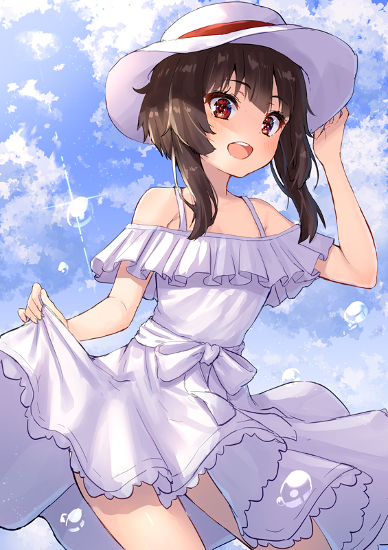 1girl :d alternate_costume bangs bare_arms bare_shoulders blue_sky blush brown_hair cloud collarbone commentary_request contrapposto cowboy_shot day dress dress_lift eyebrows_visible_through_hair frilled_dress frills hand_on_headwear hand_up hat kono_subarashii_sekai_ni_shukufuku_wo! lifted_by_self looking_at_viewer megumin open_mouth outdoors pensuke red_eyes round_teeth short_hair short_hair_with_long_locks skirt_hold sky smile solo spaghetti_strap sun_hat sundress teeth upper_teeth white_dress white_headwear