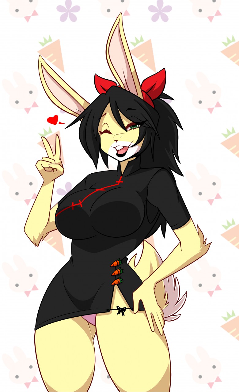 anthro clothing female gesture hair hi_res lagomorph leporid mammal one_eye_closed oriental_clothing panties rabbit sagestrike2_(artist) solo underwear v_sign wink