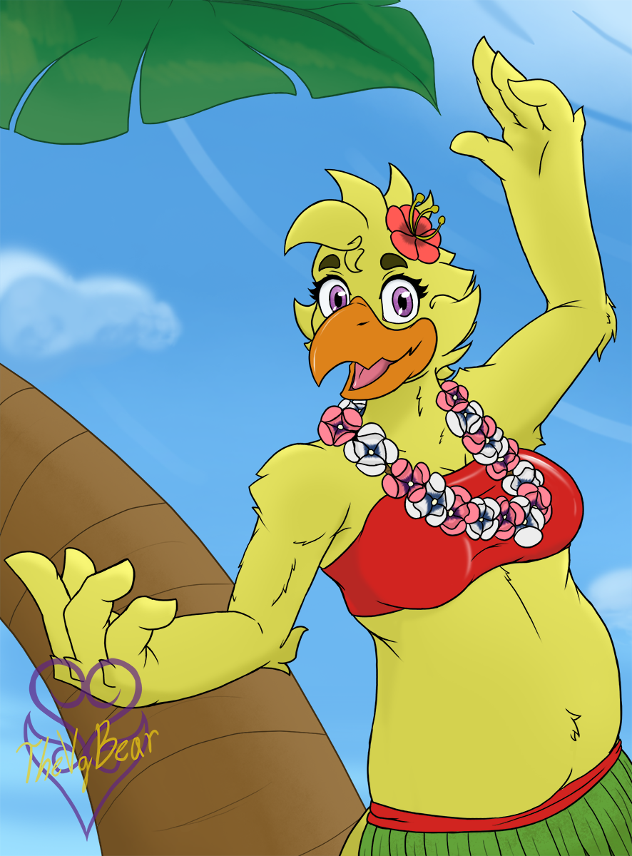 4_fingers alternate_form anthro anthrofied avian beach beak bikini bikini_bottom bikini_top bird bottomwear breasts chica_(fnaf) chicken claws clothing collar dancing evergreen_tree feathers female fingers five_nights_at_freddy's fluffy fluffy_tail galliform gallus_(genus) hawaiian hi_res mammal non-mammal_breasts orange_beak overweight overweight_anthro overweight_female palm_tree phasianid purple_eyes seaside skirt slightly_chubby solo swimwear thevgbear thick_thighs toes tree video_games wide_hips yellow_body yellow_feathers