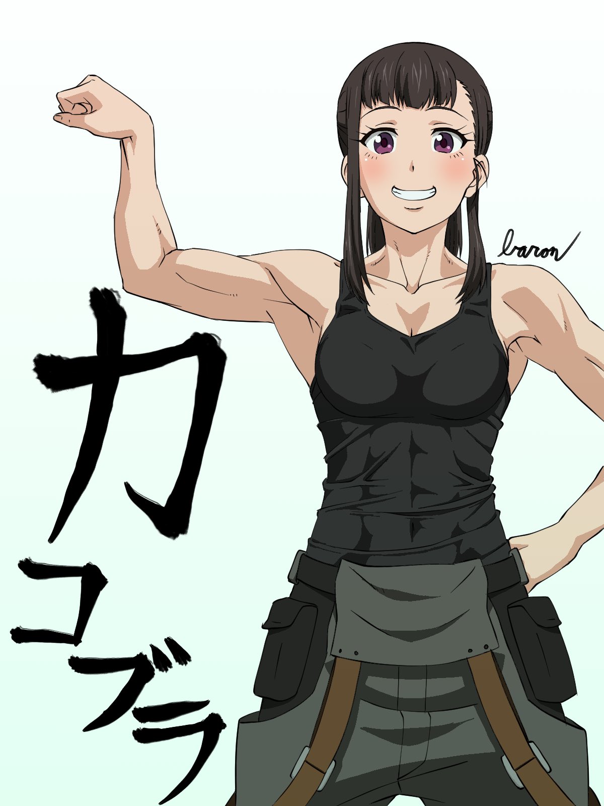 1girl bare_shoulders baron_(varon666) blush breasts collarbone commentary_request covered_abs cowboy_shot en'en_no_shouboutai flexing highres looking_at_viewer maki_oze muscle muscular_female pose purple_eyes simple_background sleeveless small_breasts smile solo teeth translation_request white_background