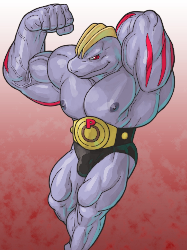 2009 3:4 5_fingers anthro belt big_muscles briefs bulge clothing fingers flexing galeo grey_body grey_nipples grey_skin high-angle_view huge_muscles humanoid_hands machoke male muscular muscular_anthro muscular_male nintendo nipples pok&eacute;mon pok&eacute;mon_(species) red_eyes solo underwear veiny_muscles video_games