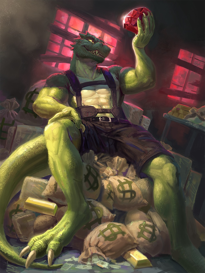 3_toes abs anthro belt biceps big_muscles boarded_window bottomwear brown_bottomwear brown_clothing brown_shorts claws clothed clothing detailed_background dollar_sign dutch_angle front_view furniture gem glistening_gem gold_(metal) gold_bar green_body green_scales grin harness heist holding_gem holding_object inside long_feet looking_up male money money_bag muscular muscular_male pecs pile reclining reptile ruby_(gem) scales scalie sharp_claws sharp_teeth shorts sitting smile snout solo table teeth thief toes yellow_sclera