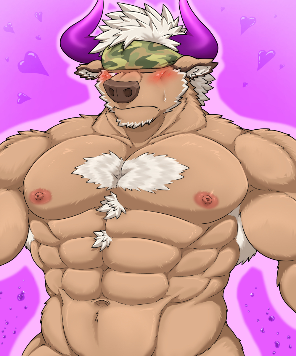 2020 accessory anthro beard big_muscles blush bodily_fluids body_hair bovid bovine brown_body brown_fur brown_nose cattle chest_hair embarrassed facial_hair fur gapao hair headband hi_res horn male mammal muscular muscular_anthro muscular_male nipples nude pink_nipples purple_eyes purple_horn shennong solo standing sweat sweatdrop tokyo_afterschool_summoners video_games white_hair