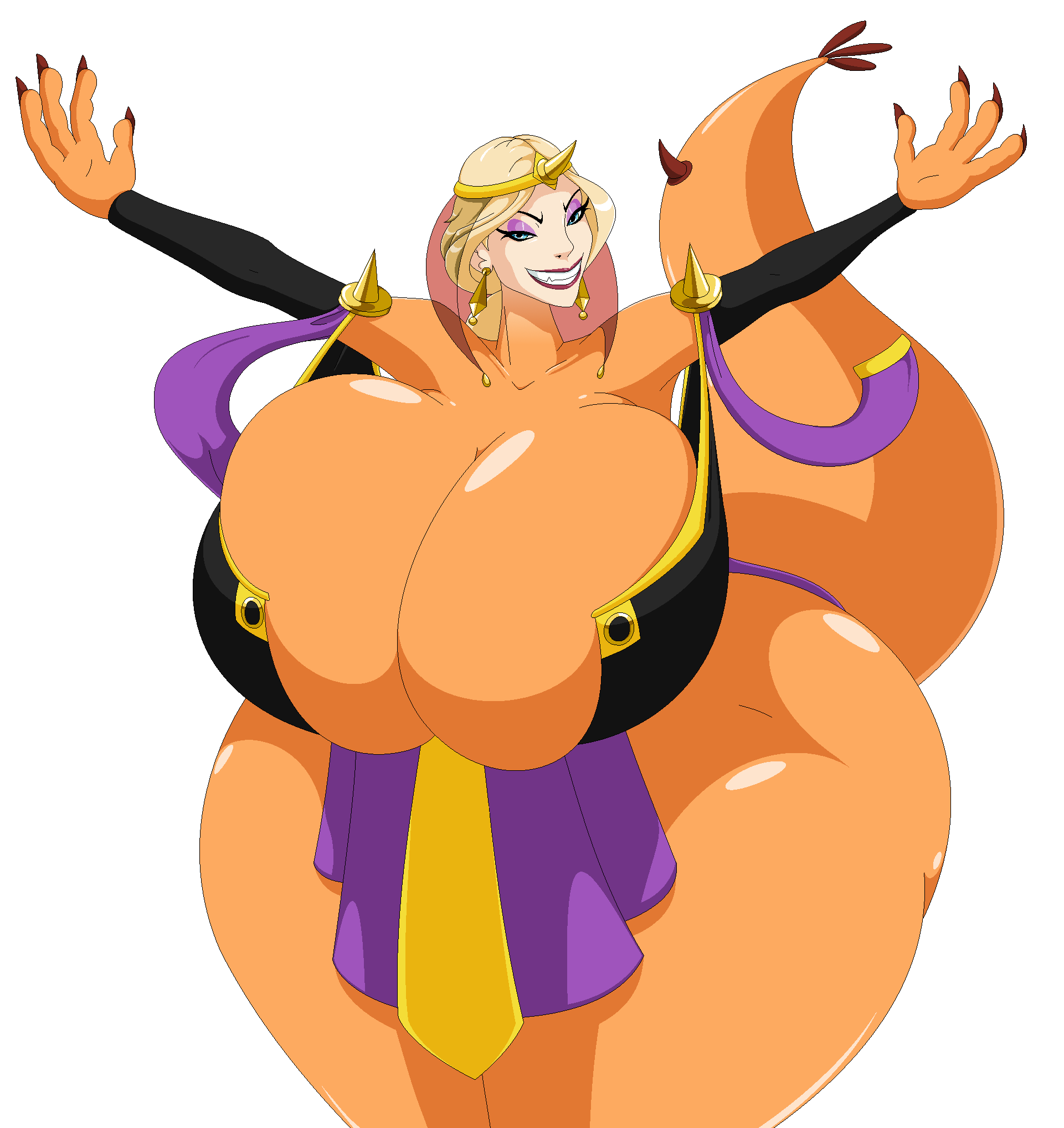 big_breasts breast_expansion breasts cleavage clothed clothing dragon expansion female hi_res huge_breasts human humanoid hybrid ludmilla_(bartok) mammal orange_body orange_scales scales solo straining_clothing thick_tail thick_thighs transformation unknown_artist wide_hips
