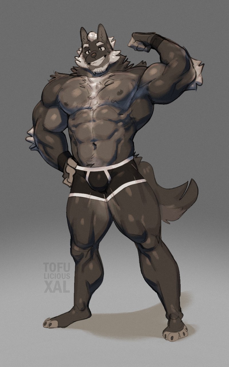 10:16 2020 4_toes 5_fingers anthro arm_tuft beard big_muscles black_body black_claws black_fur black_nipples black_nose body_hair briefs canid canine canis chest_hair claws clothed clothing elbow_tufts facial_hair fingers flexing fur hair hi_res humanoid_hands hybrid male mammal muscular muscular_anthro muscular_male nipples plantigrade smile solo tight_clothing toes tofuxal topless tuft underwear white_hair wolfdog wristband