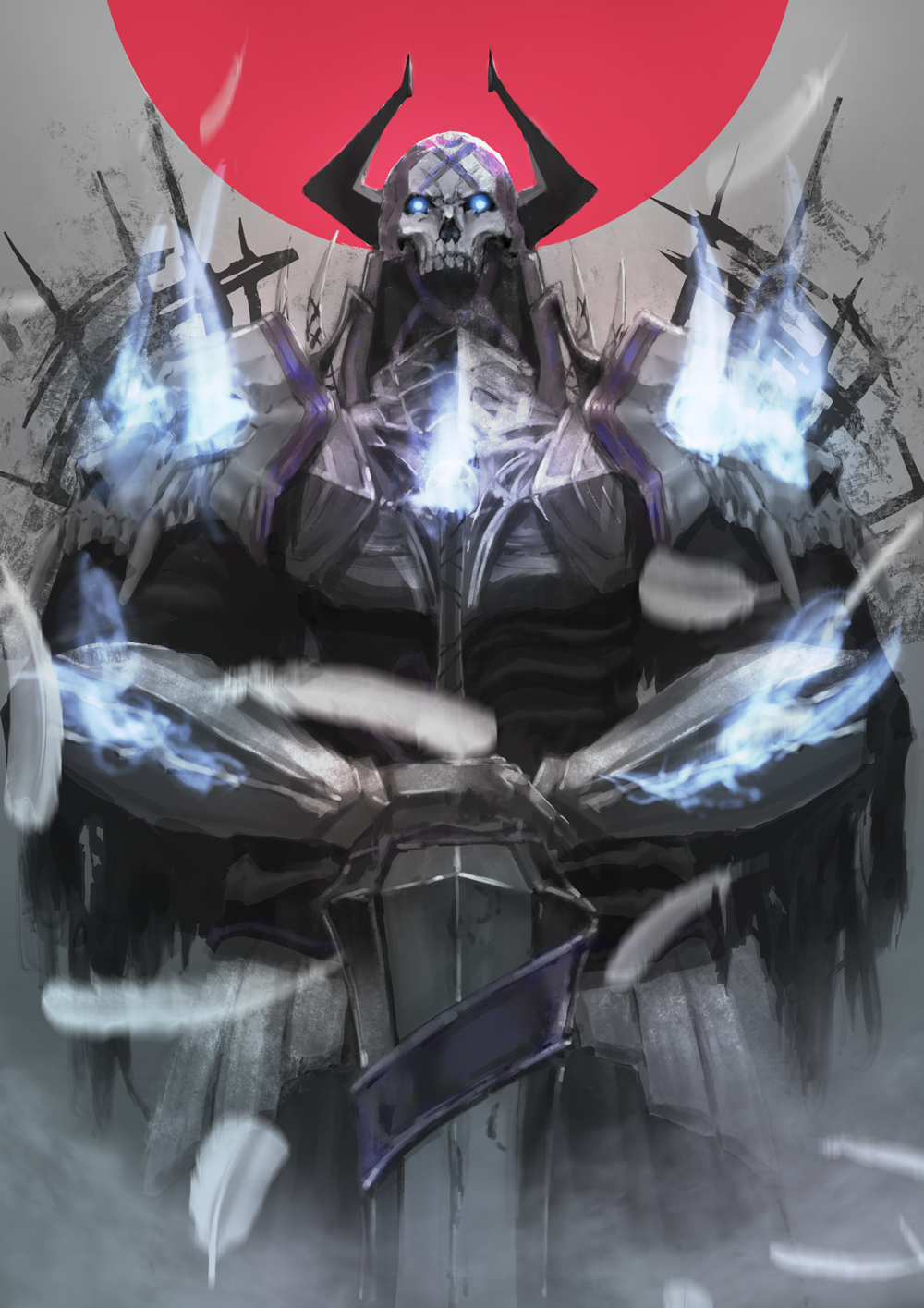 1boy armor black_armor black_horns blue_eyes blue_fire burning fate/grand_order fate_(series) feathers fire flame flaming_eye glowing glowing_eyes highres holding holding_sword holding_weapon horns king_hassan_(fate/grand_order) looking_at_viewer male_focus skull skull_mask solo spikes sword weapon whitecrow4444