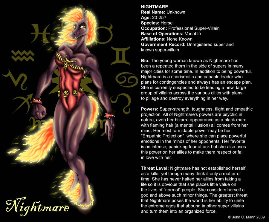 anthro bio clothed clothing dream eggplantman english_text equid equine female fire horse mammal nightmare pose solo superpowers supervillain text zodiac_(webcomic)