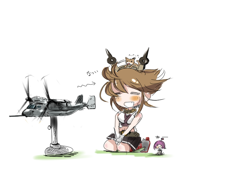 2girls aircraft airplane animal_on_head breasts brown_hair closed_eyes commentary_request dog fairy_(kantai_collection) gloves hairband headgear kantai_collection large_breasts midriff miniskirt multiple_girls mutsu_(kantai_collection) on_head piitan2_mokotan radio_antenna seiza short_hair simple_background sitting skirt translation_request v-22_osprey white_background white_gloves