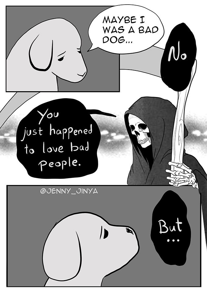 ambiguous_gender animated_skeleton bone canid canine canis comic death_(personification) dialogue domestic_dog duo english_text feral jenny_jinya loving_reaper mammal sad skeleton text undead
