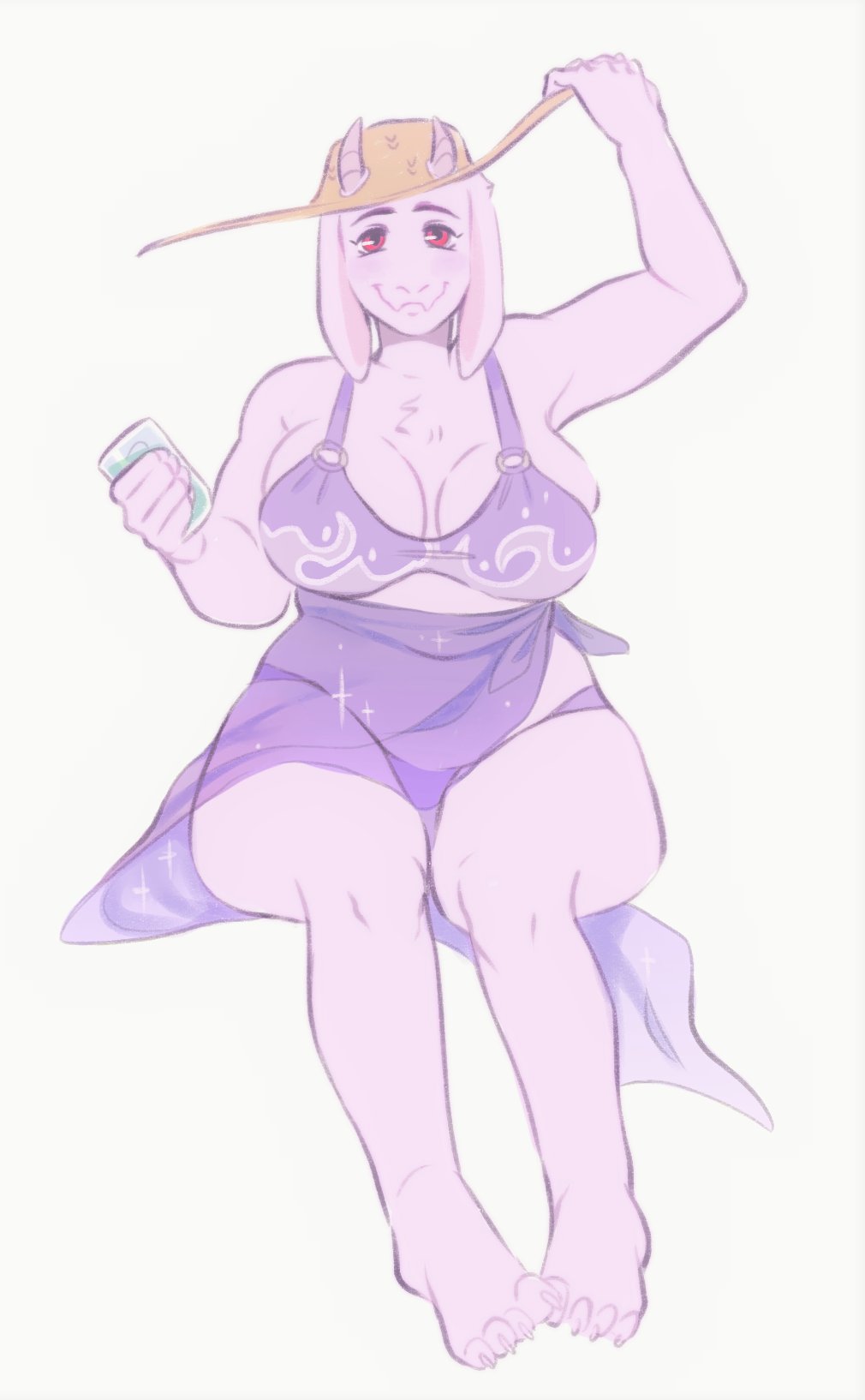 2020 4_toes anthro beverage big_breasts bikini boss_monster bovid breasts caprine cleavage clothed clothing darkriallet female fingers fur hat headgear headwear hi_res horn looking_at_viewer mammal mature_female red_eyes simple_background sitting solo swimwear thick_thighs toes toriel undertale video_games white_background white_body white_fur wide_hips
