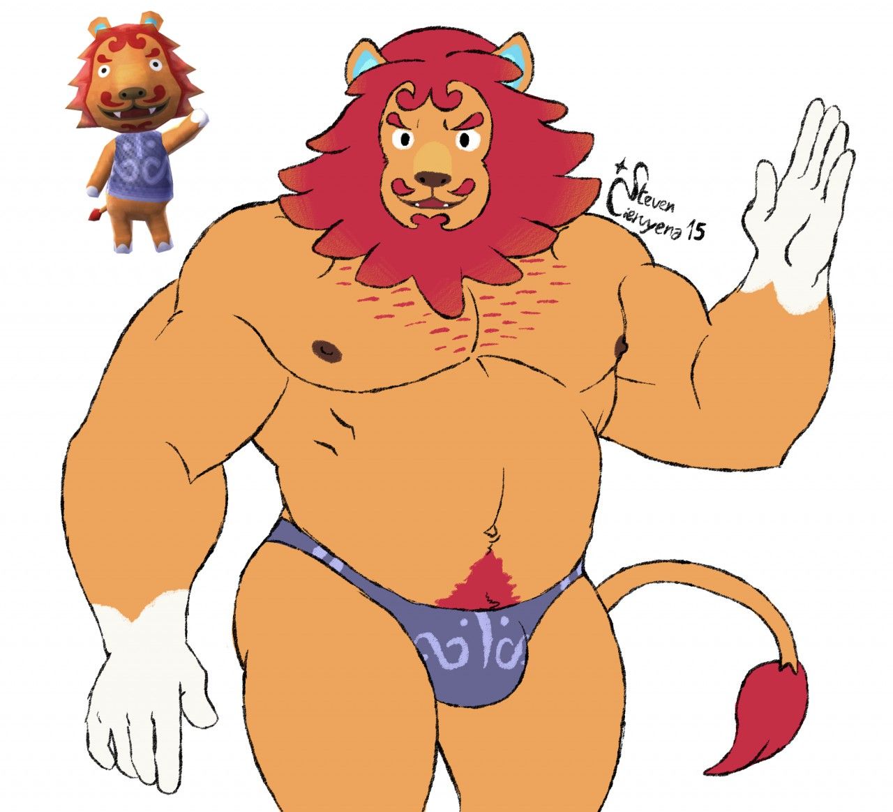 5_fingers animal_crossing anthro blue_clothing blue_underwear body_hair bulge chest_hair clothed clothing felid fingers gesture gloves_(marking) lion male mammal mane markings muscular muscular_anthro muscular_male nintendo nipples open_mouth pantherine red_mane rory_(animal_crossing) simple_background solo steven_ciervyena tail_tuft topless tuft underwear video_games waving white_background