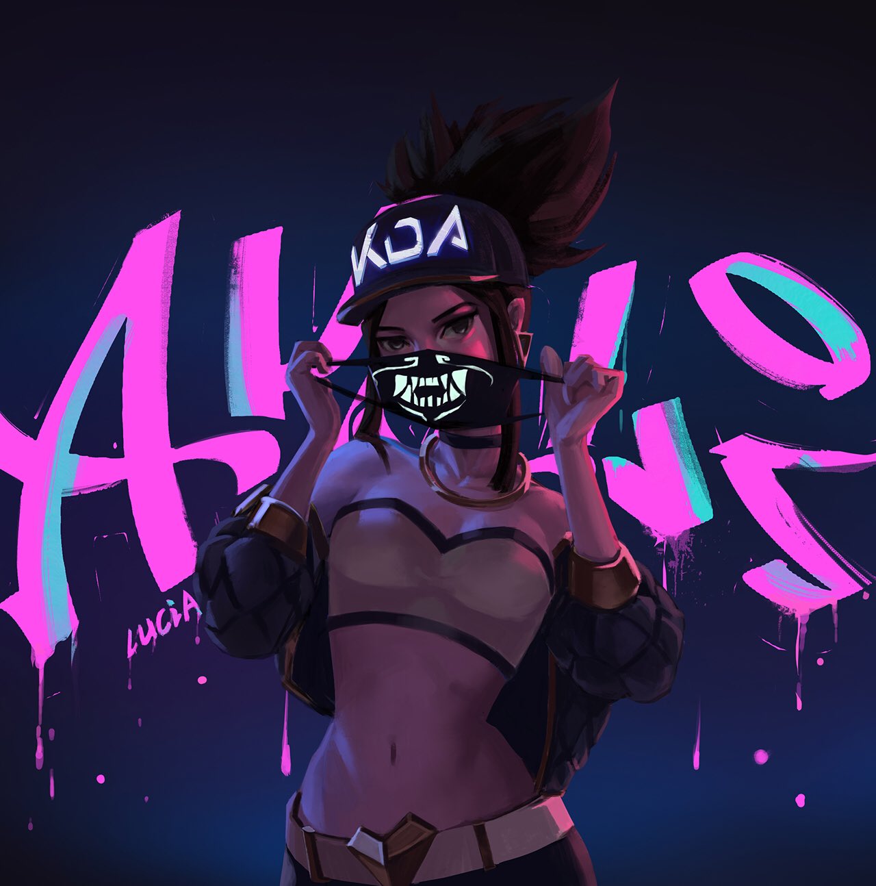 1girl akali artist_name bandeau bare_shoulders baseball_cap belt belt_buckle black_choker breasts brown_hair buckle character_name choker commentary contrapposto cropped_jacket earrings english_commentary forehead hat heart_buckle highres jewelry k/da_(league_of_legends) k/da_akali league_of_legends long_hair looking_at_viewer lucia_hsiang mask mouth_mask navel neck_ring neon_trim off-shoulder_jacket ponytail puffer_jacket raver slender_waist small_breasts solo spray_paint triangle_earrings ultraviolet_light updo