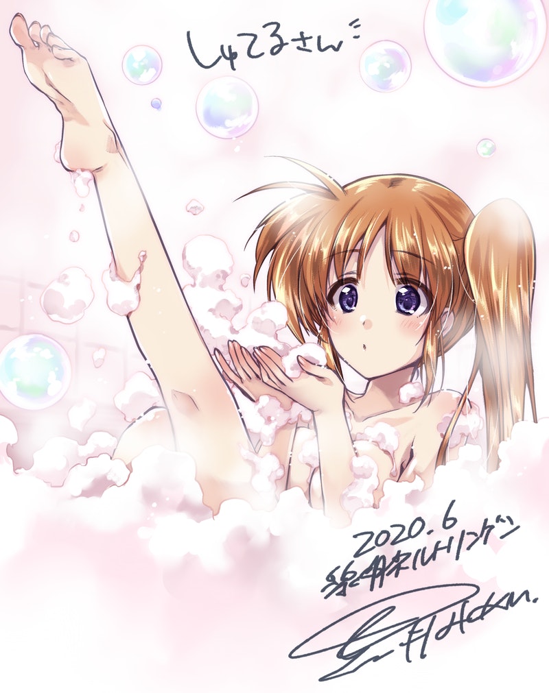 1girl :o artist_name bangs barefoot bath bathing blowing breasts brown_hair bubble bubble_bath commentary_request dated eyebrows_visible_through_hair kneepits kuroi_mimei leg_up long_hair looking_to_the_side lyrical_nanoha mahou_shoujo_lyrical_nanoha_strikers medium_breasts nude parted_lips purple_eyes side_ponytail signature sitting solo takamachi_nanoha translation_request