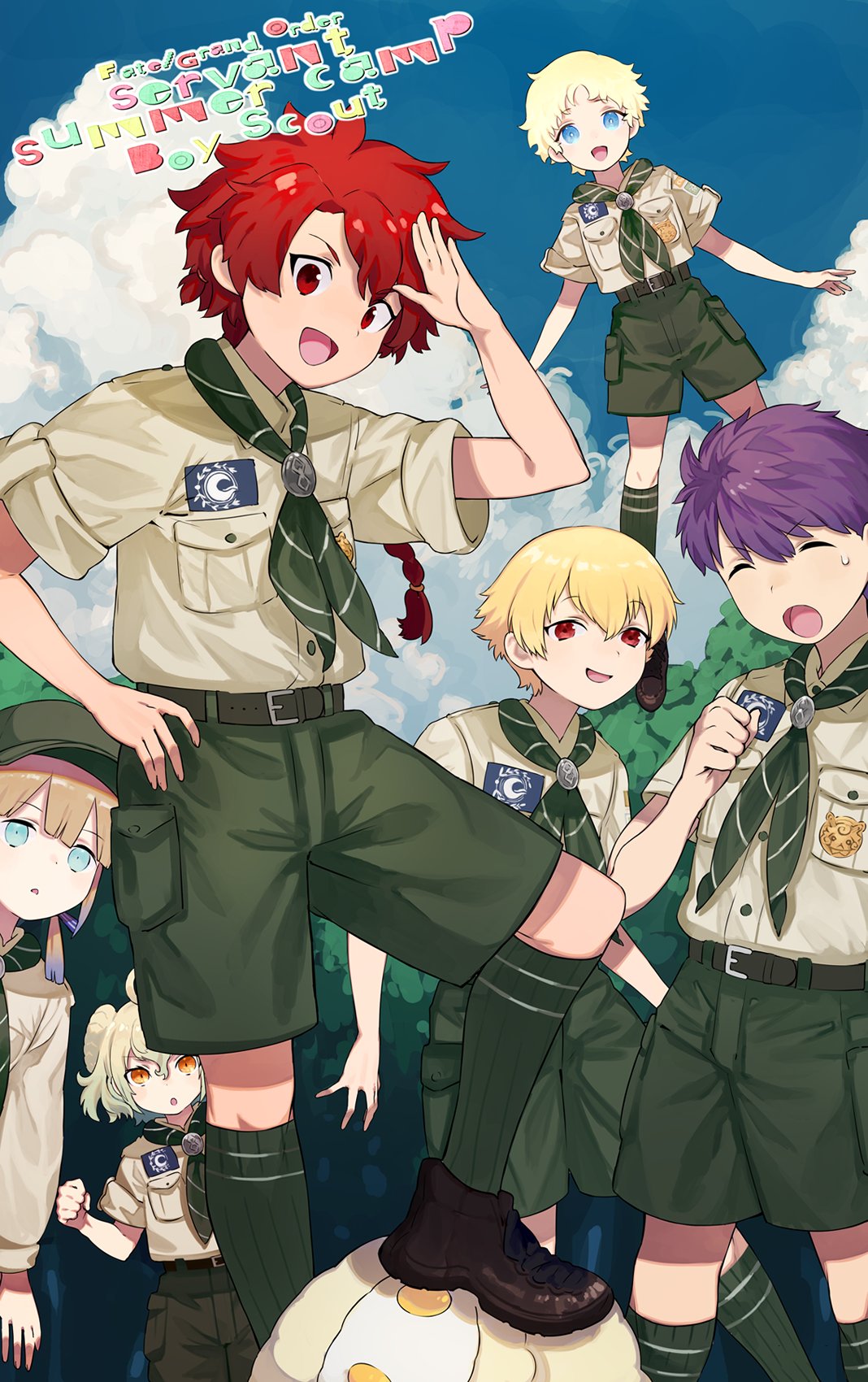 alexander_(fate/grand_order) apollo_(fate) belt blonde_hair braid captain_nemo_(fate/grand_order) child_gilgamesh cloud fate/grand_order fate_(series) fergus_mac_roich_(young)_(fate/grand_order) flying forest gradient_hair hat highres male_focus multicolored_hair nature paris_(fate/grand_order) purple_hair red_hair salute shorts stepped_on tetsu_(teppei) voyager_(fate/requiem)