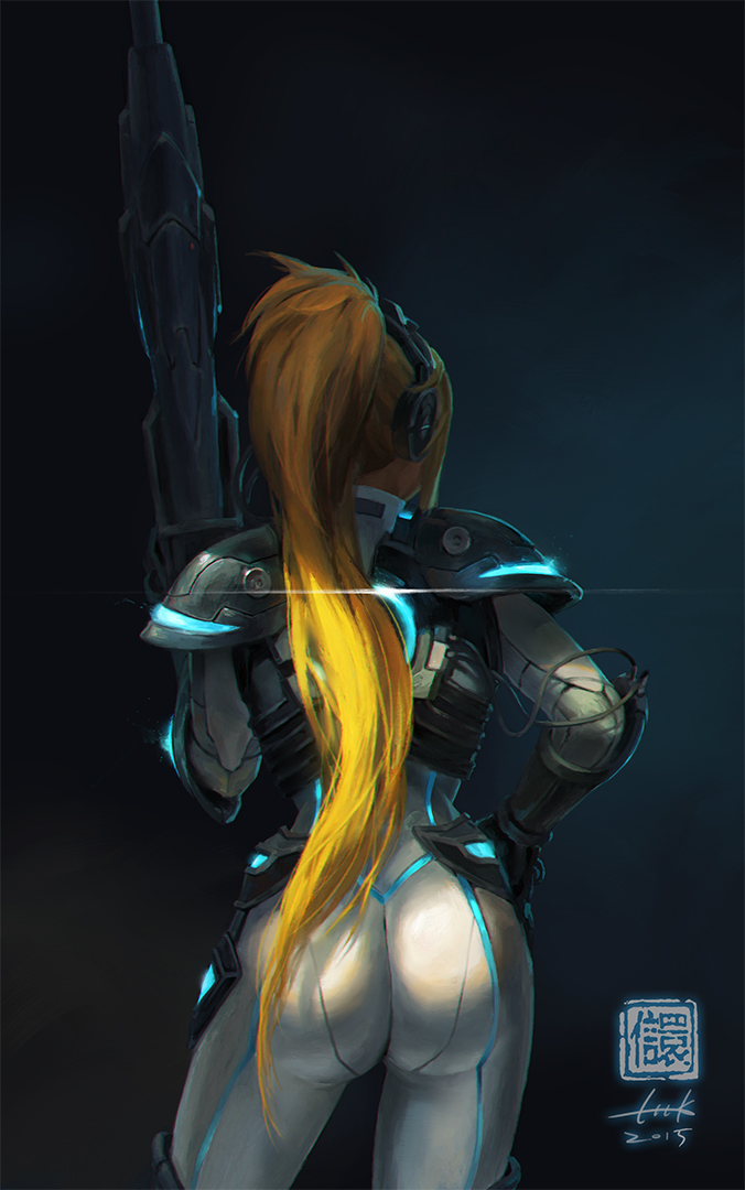 1girl ass bodysuit cable elbow_pads from_behind gun hand_on_hip headphones heroes_of_the_storm kan_liu_(666k) long_hair neon_trim nova_(starcraft) ponytail rifle science_fiction shoulder_pads skin_tight sniper_rifle solo starcraft terran_ghost weapon wireless