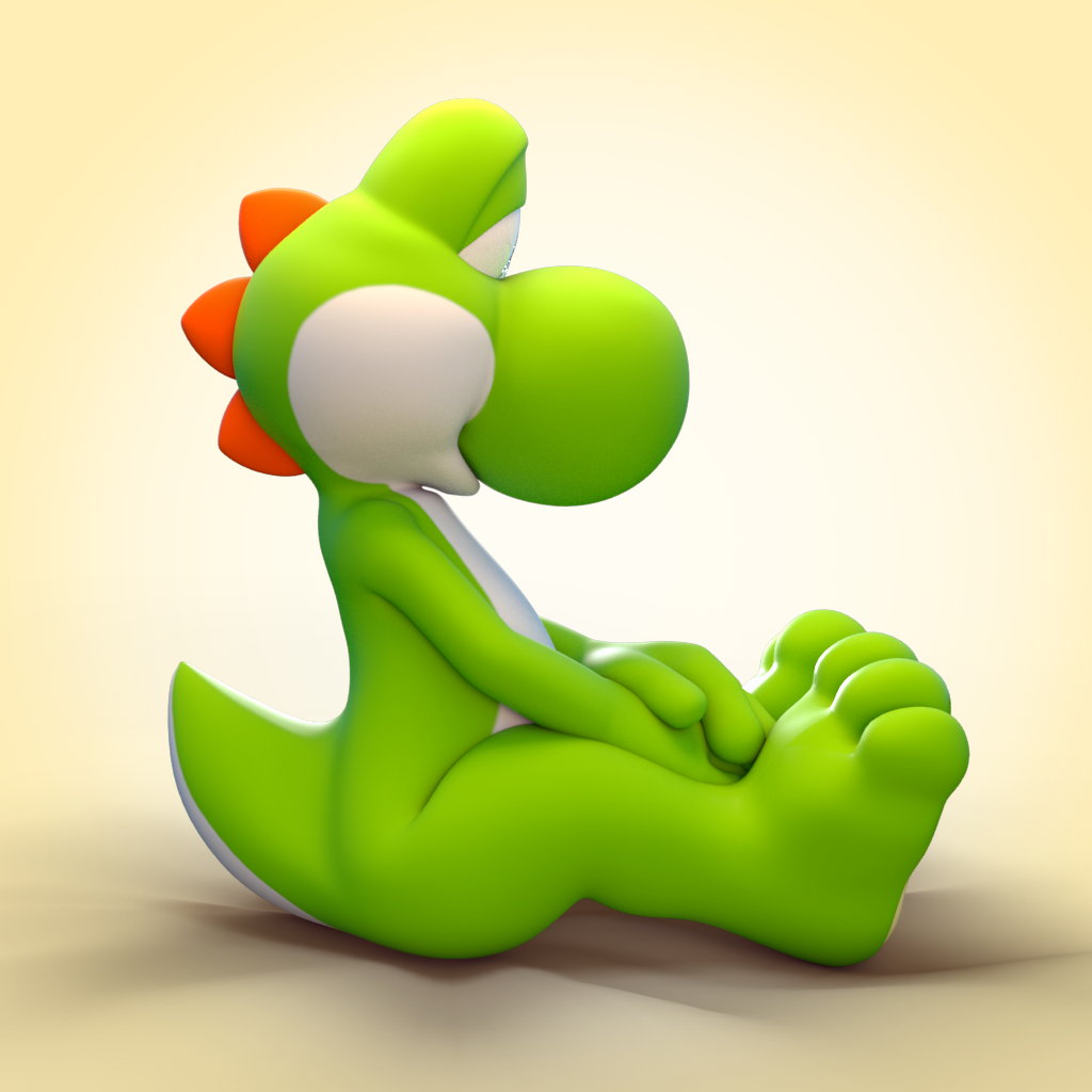 1:1 2017 3_toes 3d_(artwork) ambiguous_gender anthro barefoot biped blue_eyes cinnamoncookies digital_media_(artwork) green_body green_yoshi mario_bros nintendo nude paws scalie side_view simple_background sitting solo toes video_games yoshi