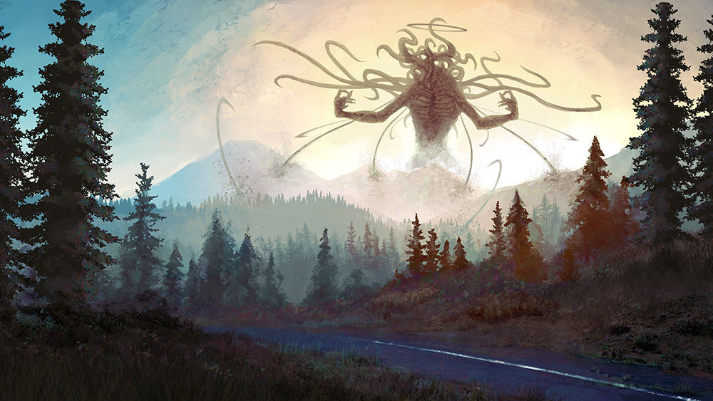 1other commentary_request cthulhu cthulhu_mythos day forest grass halo monster mountain nature original outdoors road scenery sky solo tentacles toye tree