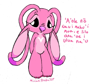 2007 alien angel_(lilo_and_stitch) antennae_(anatomy) black_eyes claws disney ears_down experiment_(lilo_and_stitch) female female_(lore) fur hawaiian_text lilo_and_stitch long_antennae long_ears low_res miriamthebat no_sclera pink_body pink_fur pink_inner_ear pink_nose pivoted_ears sad signature solo text toe_claws translation_request