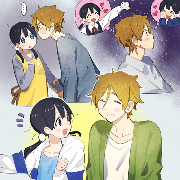 ... 1boy 1girl :d ^p^ bangs black_hair blue_eyes blush brown_hair cardigan closed_eyes closed_mouth collar collarbone collared_shirt commentary_request couple detached_sleeves green_cardigan hair_between_eyes hair_ornament heart hetero holding holding_another's_arm hood hood_down kitashirakawa_tamako long_sleeves looking_at_another medium_hair mole mole_on_neck momose_(oqo) multiple_views nose_blush ooji_mochizou open_clothes open_mouth parted_lips shirt short_eyebrows simple_background sky smile star_(sky) starry_sky sweat tamako_love_story tamako_market thinking twintails upper_body white_shirt