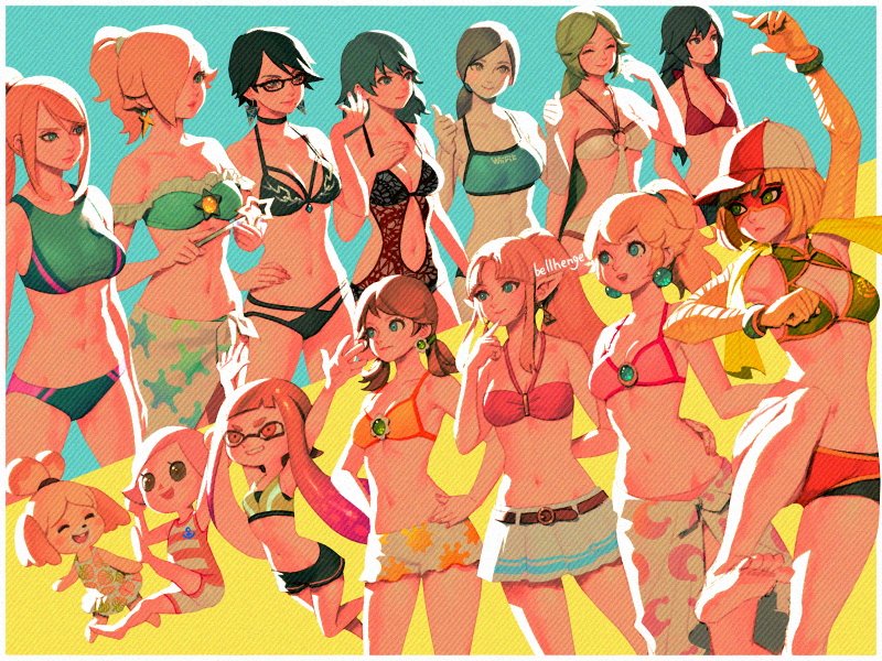 6+girls abs alternate_costume alternate_hairstyle animal_ears armpits arms_(game) arms_at_sides arms_up artist_name bangs bare_shoulders barefoot baseball_cap bayonetta bayonetta_(character) bellhenge belt bikini black_hair blonde_hair blue_eyes blue_hair blunt_bangs blush_stickers bracelet breasts brooch brown_hair byleth_(fire_emblem) byleth_(fire_emblem)_(female) choker cleavage cleavage_cutout collarbone dog_ears dog_girl domino_mask doubutsu_no_mori earrings eyebrows_visible_through_mask finger_to_chin fire_emblem glasses green_eyes green_hair grey_eyes grey_hair hair_over_one_eye hair_tie hands_on_hips hat inkling jewelry kid_icarus large_breasts leaf_print long_hair lucina_(fire_emblem) mario_(series) mask medium_breasts metroid min_min_(arms) miniskirt mole mole_under_mouth moon_print multiple_girls navel o-ring o-ring_swimsuit one-piece_swimsuit open_mouth orange_eyes palutena pink_hair pointy_ears ponytail princess_daisy princess_peach princess_zelda ribs rosalina samus_aran sarong shizue_(doubutsu_no_mori) short_hair short_shorts short_twintails shorts sidelocks skirt small_breasts smile splatoon_(series) star_(symbol) star_print sun_print super_mario_bros. super_smash_bros. swimsuit tentacle_hair the_legend_of_zelda thighs thumbs_up toned topknot towel twintails villager_(doubutsu_no_mori) wand wii_fit_trainer