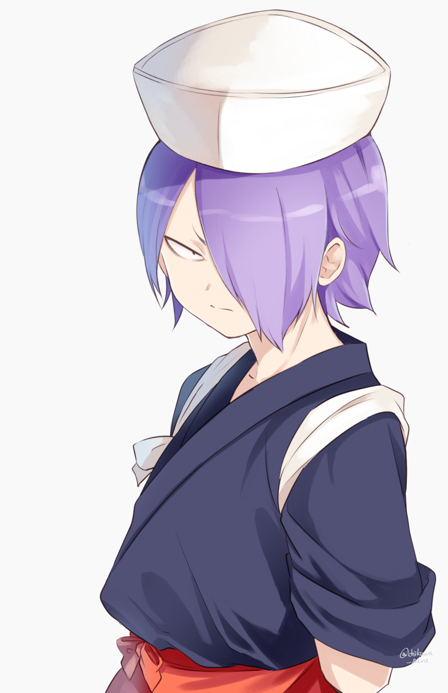 1boy angry artist_name bangs black_eyes boku_no_hero_academia chef_hat chef_uniform chikuwa_savi closed_mouth commentary_request hair_over_one_eye hat highres japanese_clothes looking_at_viewer male_focus pillbox_hat purple_eyes purple_hair sash shishikura_seiji short_hair short_sleeves simple_background solo upper_body