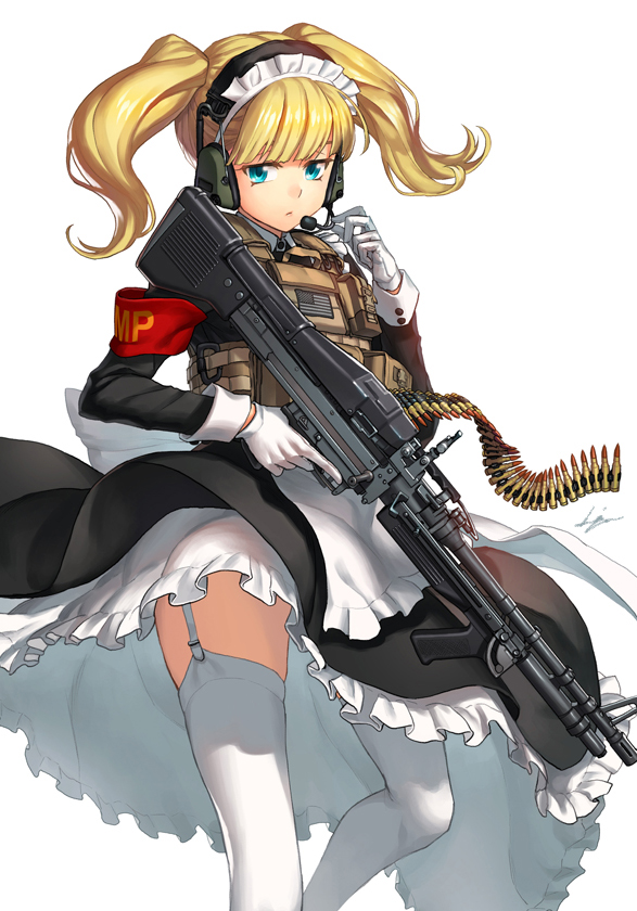 1girl adjusting_headset american_flag ammunition_belt armband bangs black_dress blonde_hair blue_eyes blunt_bangs body_armor closed_mouth commentary dress dress_lift emblem frown garter_straps gloves gun headset holding holding_gun holding_weapon kws long_sleeves looking_at_viewer m60 maid maid_day maid_headdress medium_dress medium_hair original petticoat simple_background solo standing thighhighs trigger_discipline twintails weapon white_background white_gloves white_legwear wind wind_lift