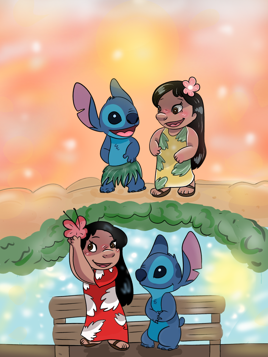 2018 3:4 accessory alien blue_body blue_fur blue_nose blush child clothing disney dress duo experiment_(lilo_and_stitch) eyelashes female flip_flops flower flower_in_hair footwear fur grass_skirt hair hair_accessory hi_res hula human lilo_and_stitch lilo_pelekai long_ears long_hair mak8906 male mammal muumuu plant purple_inner_ear sandals semi-anthro smile stitch_(lilo_and_stitch) young