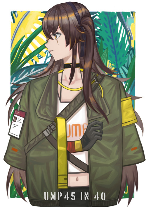 1girl black_choker black_gloves brown_eyes brown_hair camouflage camouflage_jacket character_name choker closed_mouth crossed_arms eyebrows_visible_through_hair girls_frontline gloves hair_ornament hair_ribbon jacket long_hair looking_away navel open_eyes ribbon scar scar_across_eye shirt silayloe simple_background solo ump40_(girls_frontline) ump45_(girls_frontline) white_shirt