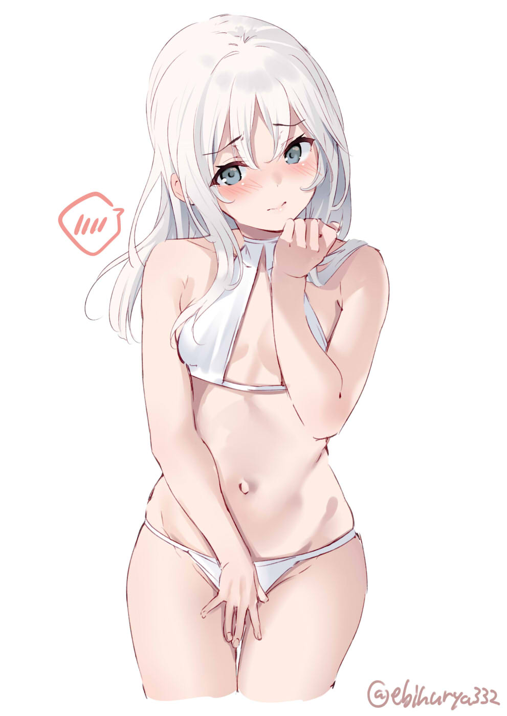 1girl bikini bikini_bottom bikini_top blonde_hair blue_eyes blush breasts cowboy_shot ebifurya highres kantai_collection long_hair looking_at_viewer navel small_breasts solo stomach swimsuit twitter_username u-511_(kantai_collection) white_background white_bikini white_swimsuit