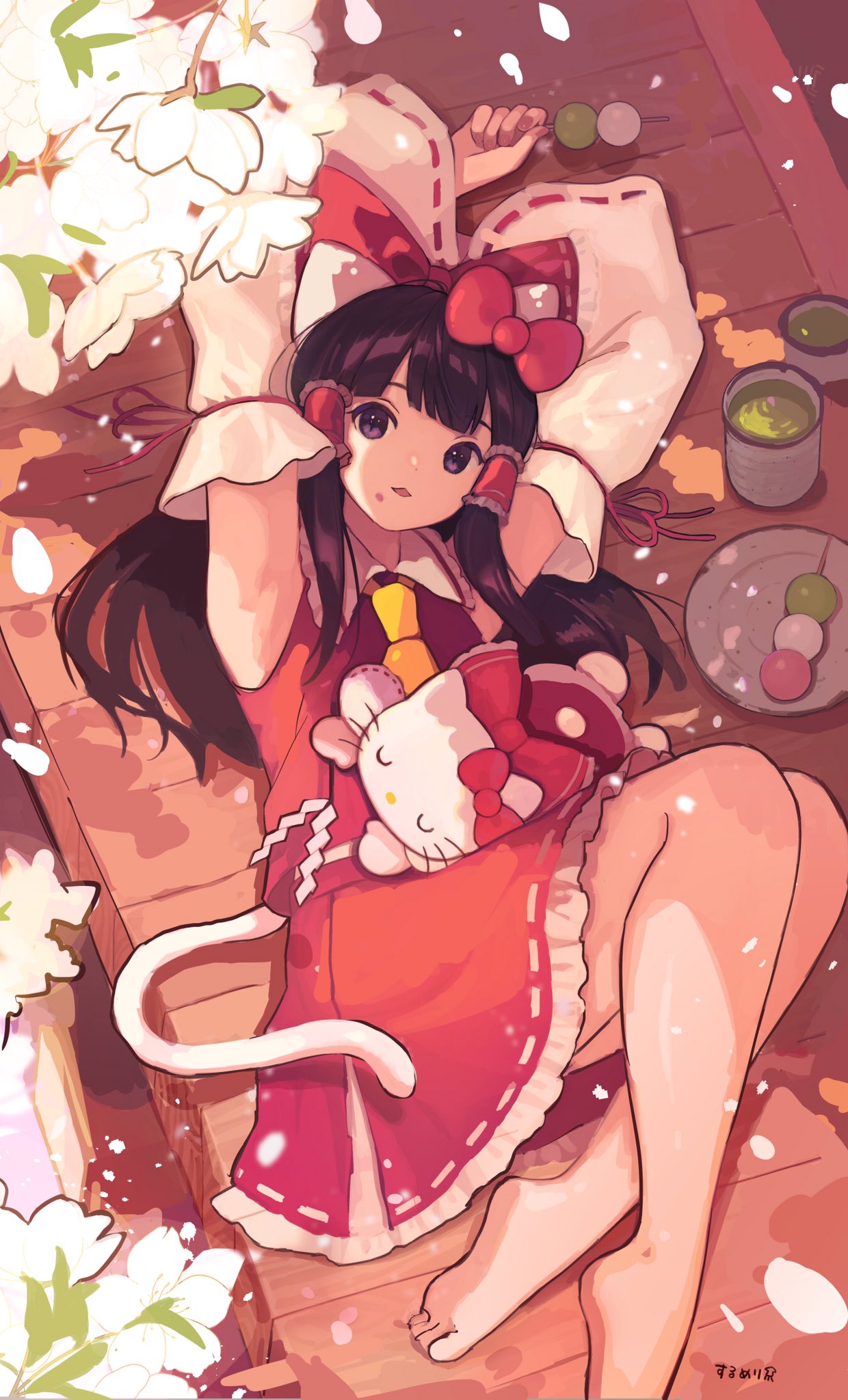 1girl :3 alternate_eye_color animal_ears arm_garter armpits arms_up ascot bangs bare_shoulders barefoot blunt_bangs bow brown_hair cat_ears cat_tail collared_shirt commentary cosplay dango detached_sleeves flower food food_on_face frilled_bow frilled_shirt_collar frilled_skirt frills from_above full_body gohei green_tea hair_bow hair_spread_out hair_tubes hakurei_reimu hakurei_reimu_(cosplay) hello_kitty hello_kitty_(character) highres holding holding_food knees_up long_hair long_sleeves looking_at_viewer lying on_back on_side open_mouth petals petticoat plate plum_blossoms porch purple_eyes red_bow red_ribbon red_shirt red_skirt ribbon ribbon-trimmed_bow ribbon-trimmed_skirt ribbon_trim sanshoku_dango shide shirt side_slit sidelocks signature skirt skirt_set sleeveless sleeveless_shirt slit_pupils surumeri_(baneiro) tail tea toes touhou wagashi white_flower white_ribbon wide_sleeves wooden_floor yellow_neckwear