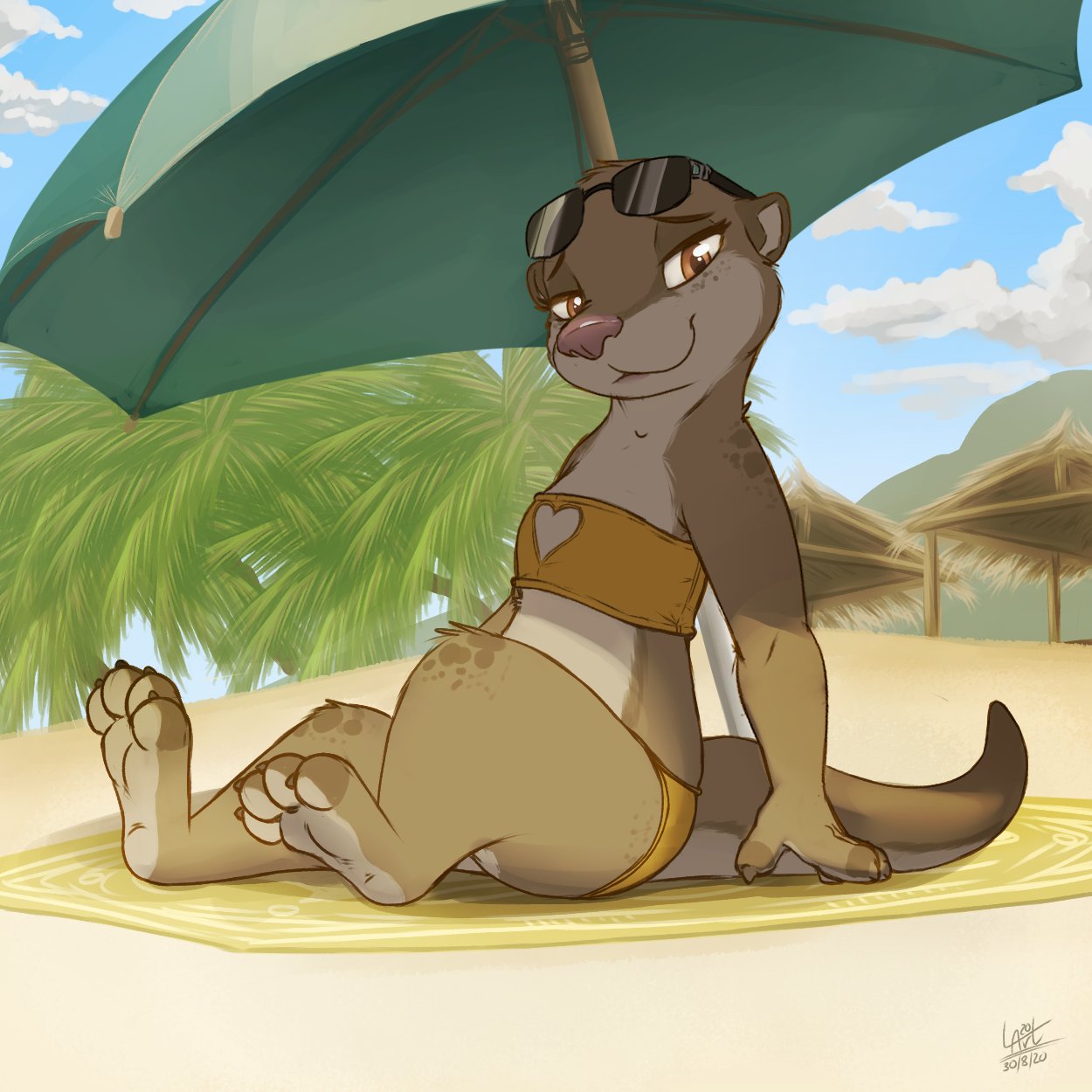 1:1 2020 anthro beach brown_body brown_eyes brown_fur clothed clothing cloud detailed_background evergreen_tree eyewear female fur hi_res looking_at_viewer louart lutrine mammal midriff mustelid outside palm_tree sand seaside signature sitting sky smile solo sunglasses towel tree umbrella