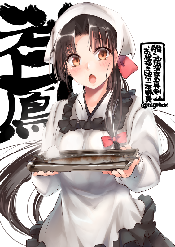 1girl ahoge background_text black_hair black_skirt brown_eyes character_name commentary_request cowboy_shot fish kantai_collection kappougi long_hair looking_at_viewer low-tied_long_hair nigo open_mouth plate pleated_skirt saury shouhou_(kantai_collection) simple_background skirt solo white_background white_bandana