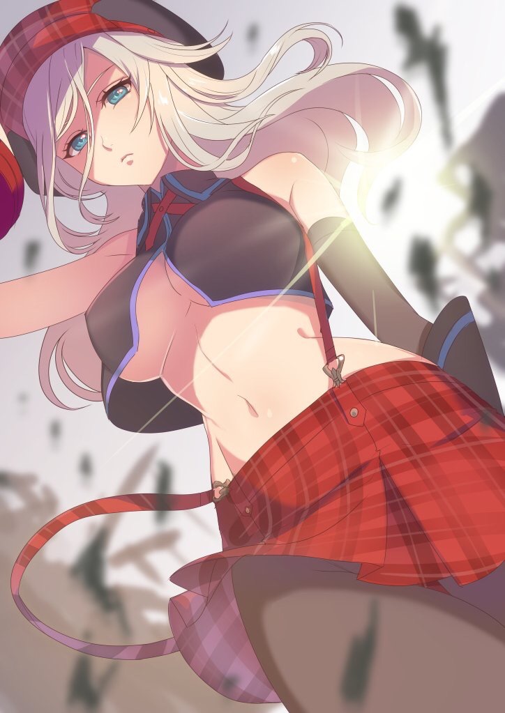 1girl alisa_ilinichina_amiella bare_shoulders blue_eyes breasts cabbie_hat closed_mouth commentary_request crop_top elbow_gloves gloves god_eater god_eater_2:_rage_burst god_eater_burst hat kokouno_oyazi large_breasts long_hair navel pantyhose plaid plaid_skirt silver_hair skirt stomach sunlight suspender_skirt suspenders underboob