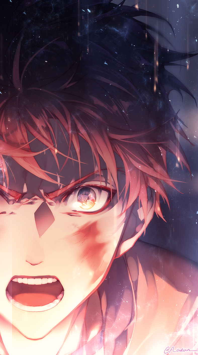 2boys blood blood_on_face blue_hair close-up commentary_request emiya_shirou face fate/stay_night fate_(series) gae_bolg h_sueun highres holding holding_weapon lancer light_particles male_focus multiple_boys open_mouth orange_eyes polearm portrait red_eyes red_hair reflection reflective_eyes spear weapon